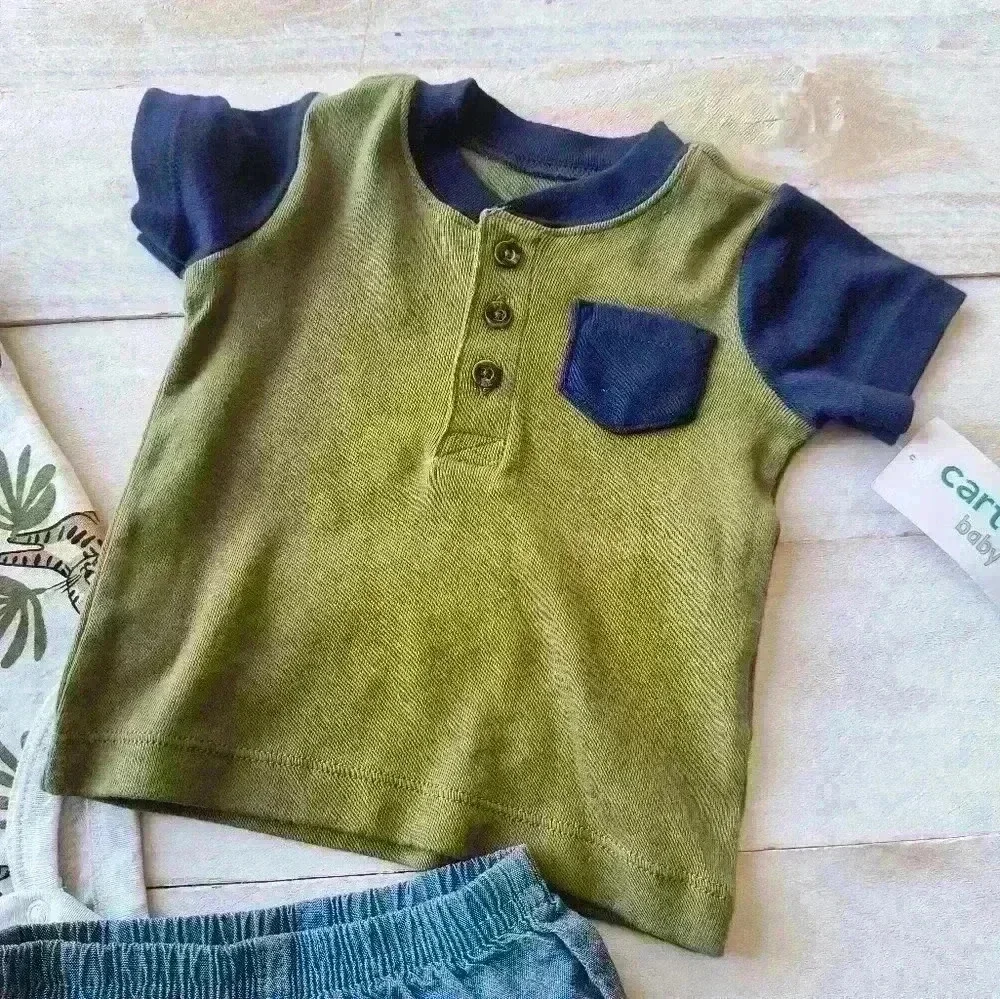 Carter's Boys 3pc Tiger Bodysuit, Green Shirt & Blue Shorts Set NEW 3 Months